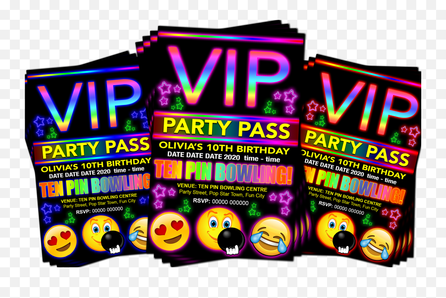 Ten Pin Bowling Birthday Party Invitation Vip Pass Emoji Red Pink Or Blue Grandwazoodesign - For Party,Blue Star Emoji