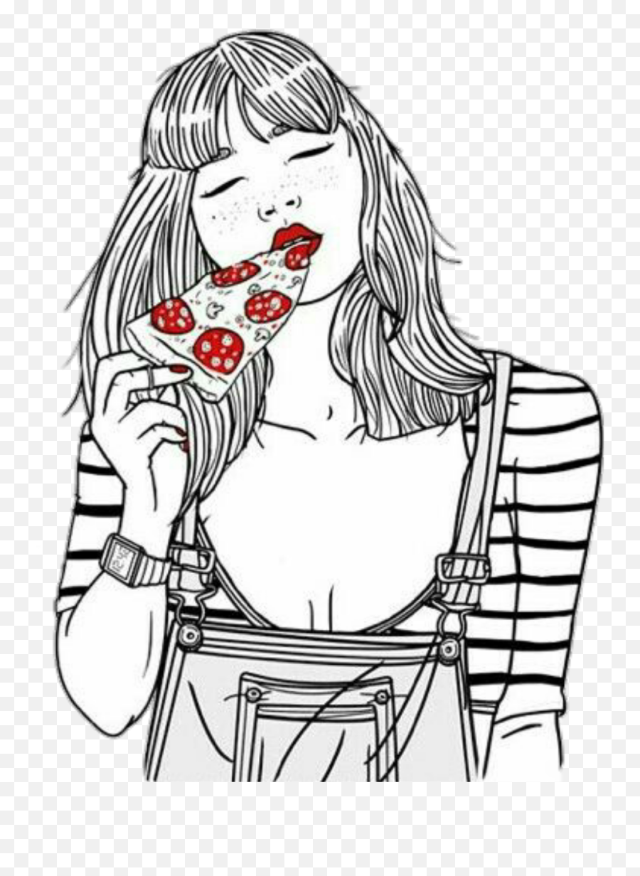 Pizza Girl Eating Sticker - Sara Herranz Pizza Emoji,Black And White Cartoon Emoji Eating Pizza