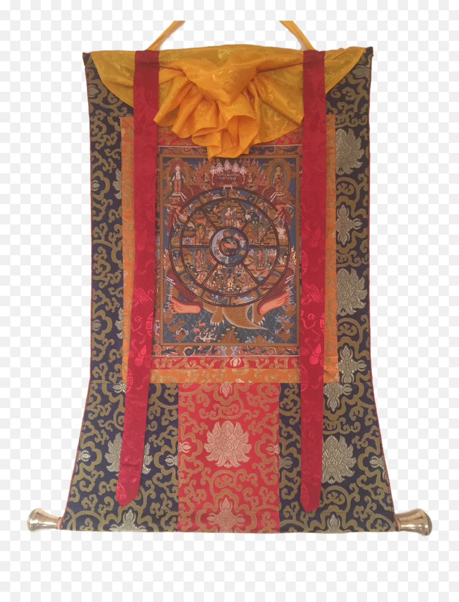Hand Painted Wheel Of Life Thangka Painting With Silk Brocade - Rug Emoji,Bouddhism God Of Emotions