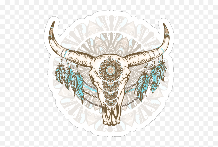 Skull With Feathers And Mandala Boho Sticker Emoji,Side Skull Emoji