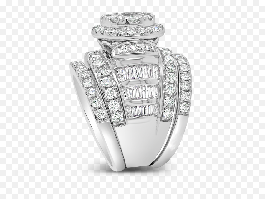 3 Band Diamond Halo Engagement Ring 3 Ctw Round Cut W Baguettes 14k White Gold Emoji,Baguatte Emoji