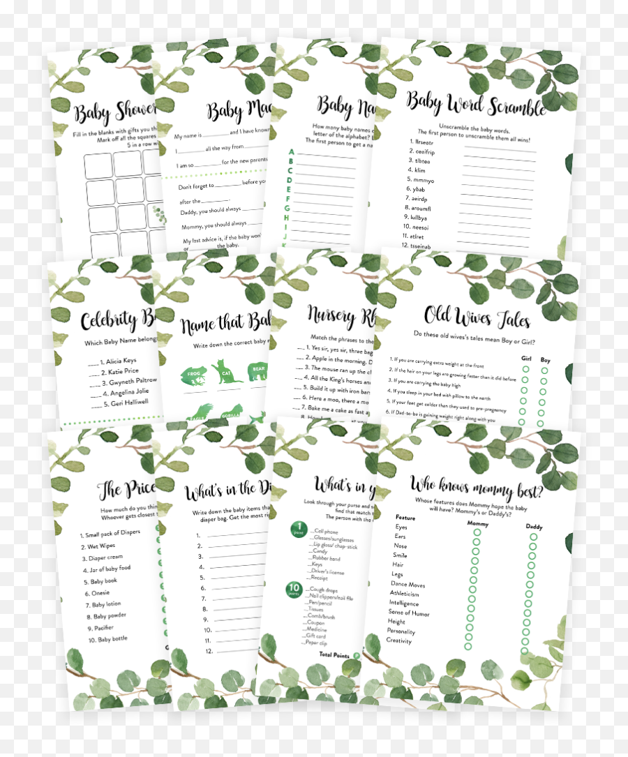 Greenery Foliage Baby Shower Game Pack - Greenery Baby Shower Games Emoji,Walgreens Emoji Pillows