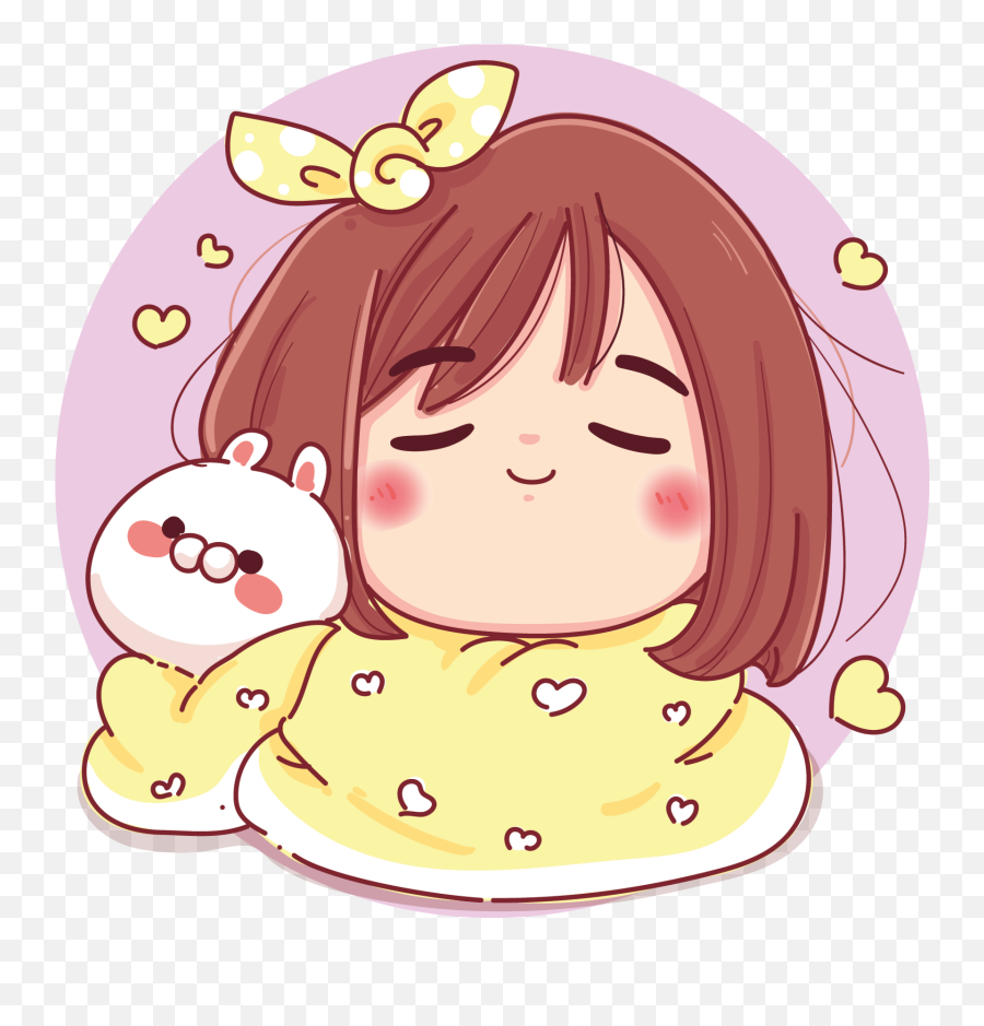 Kawaii Girl With A Bunny Illustration Wall Art - Happy Emoji,Kawaii Flower Emoji