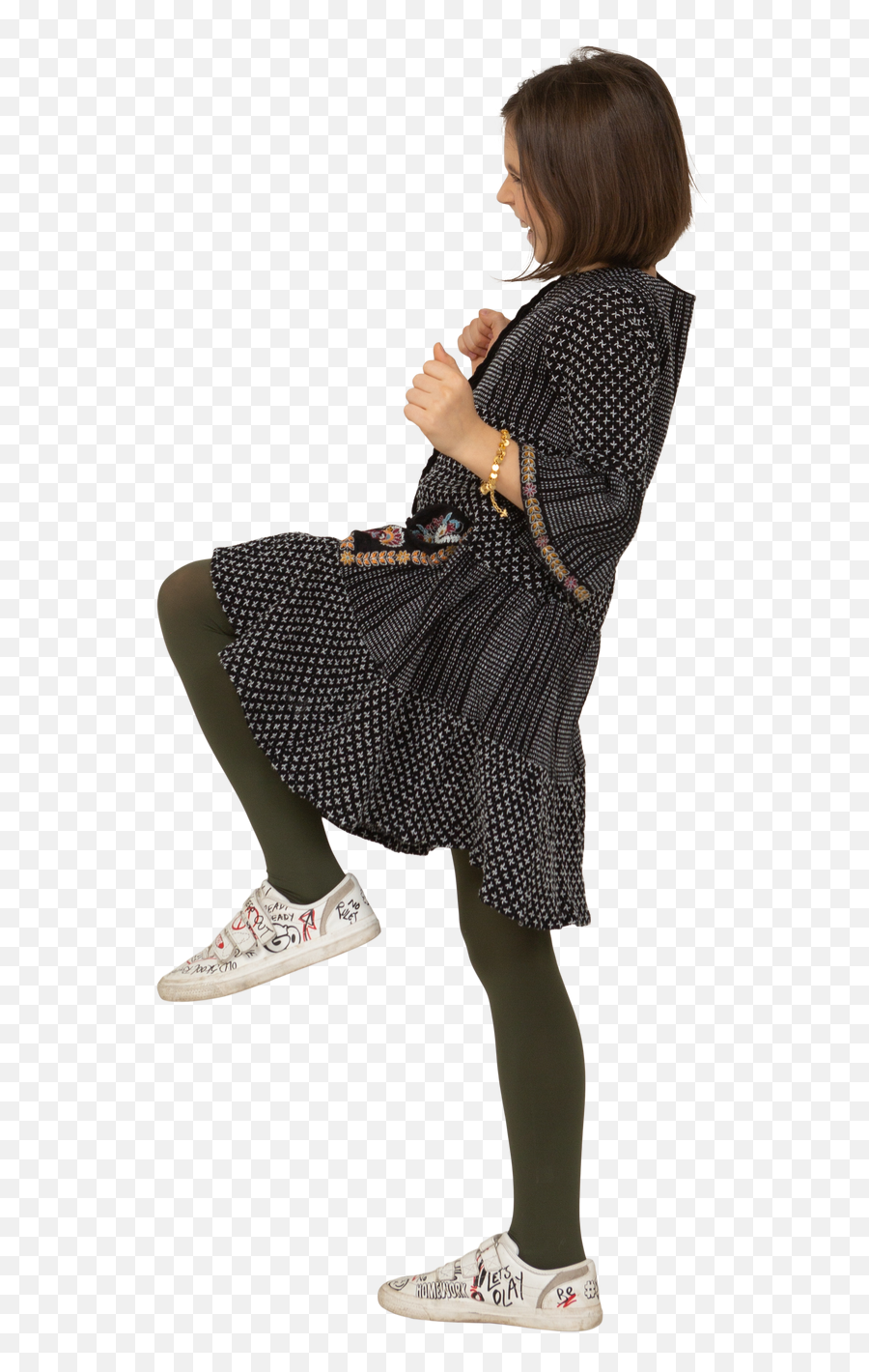 Side View Of A Happy Little Girl In Dress Clenching Fists Emoji,Person Kneeling Emoji