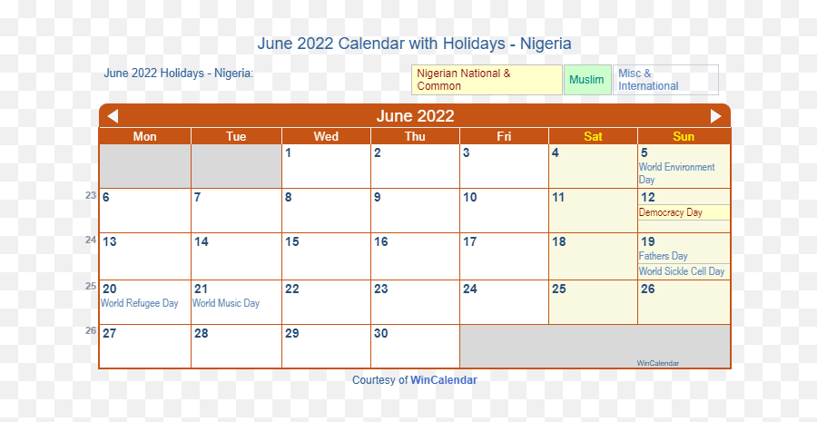 June 2022 Calendar With Holidays - Nigeria Emoji,Sickle Emoji