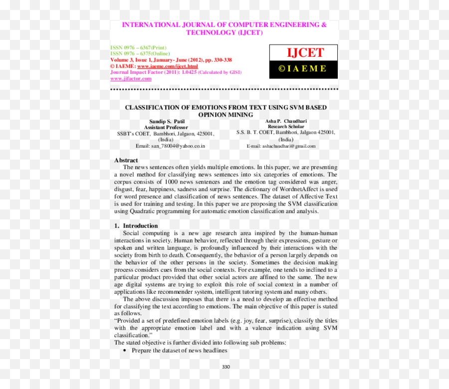 Pdf Classification Of Emotions From Text Using Svm Based - Vertical Emoji,Classification Of Emotions
