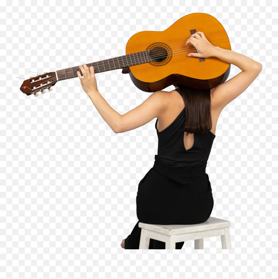 Back View Of A Young Lady In Black Suit Holding The Guitar Emoji,Guitar Emoji Emoji