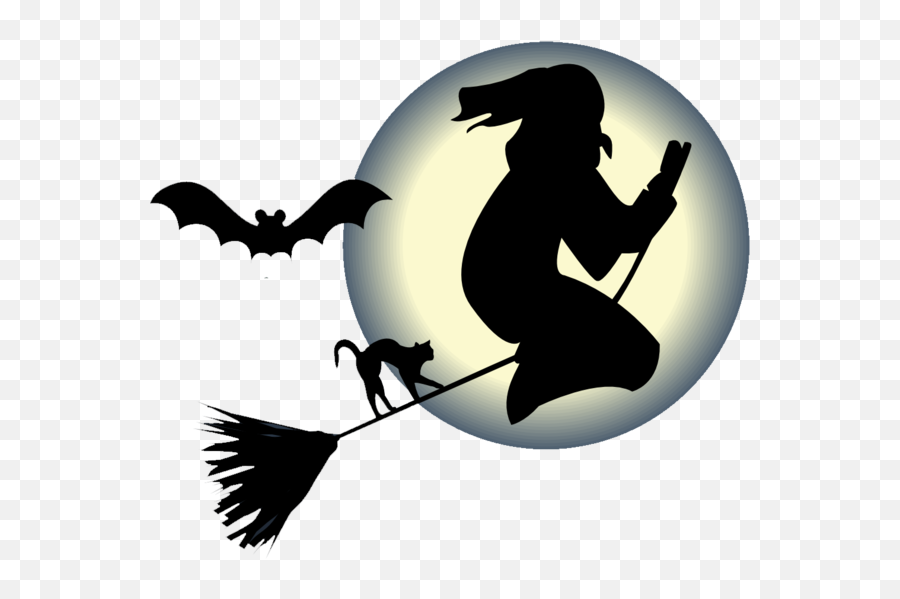 Witch Flying To Moon With Bat Black Cat For Halloween - Fictional Character Emoji,Witch Emoticon