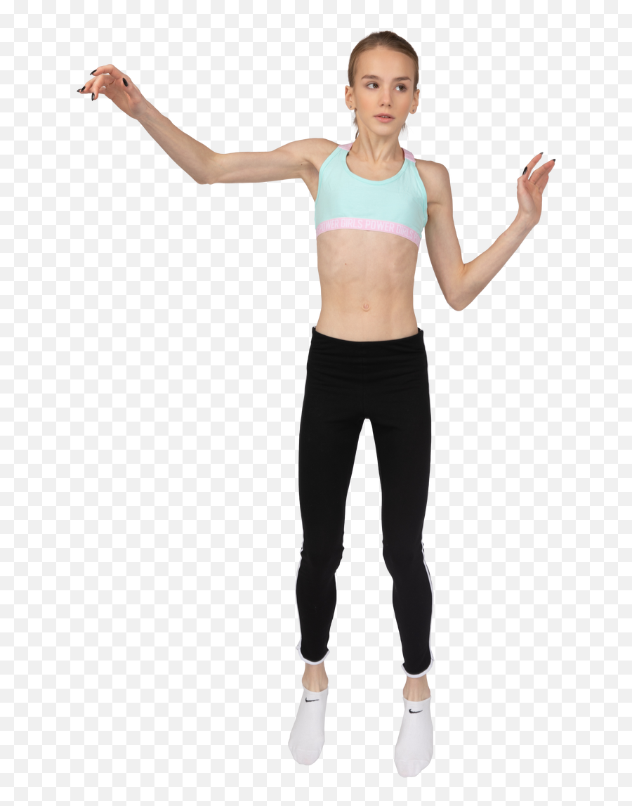 Front View Of A Teen Girl In Sportswear Raising Hand And Emoji,Raised Hand Girl Emoji