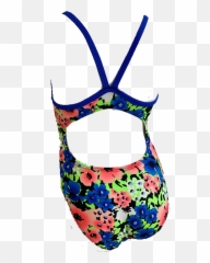 Toogs Thin Strap Swimsuit In Black With Green Orange White And Blue Florals With Royal Straps - For Teen Emoji,Strap On Emoji