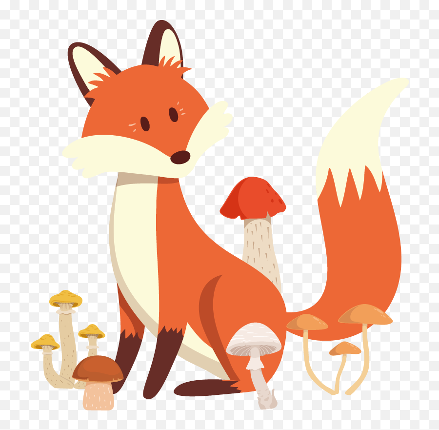 Fox With Mushrooms Illustration Wall Art - Lisica Ilustracija Emoji,Tree Boy Girl Notes Emoji,
