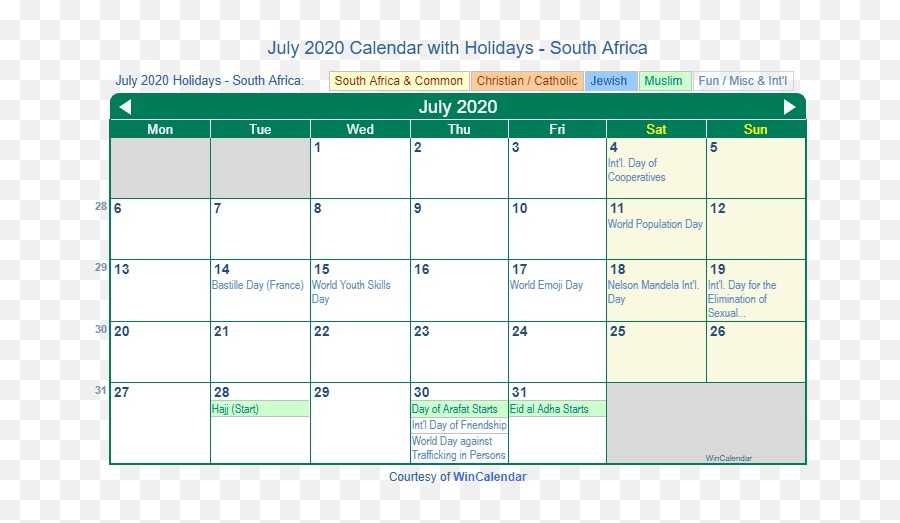 Print Friendly July 2020 South Africa Calendar For Printing - 2021 Holidays Calendar 2021 South Africa Emoji,Emoji Printable