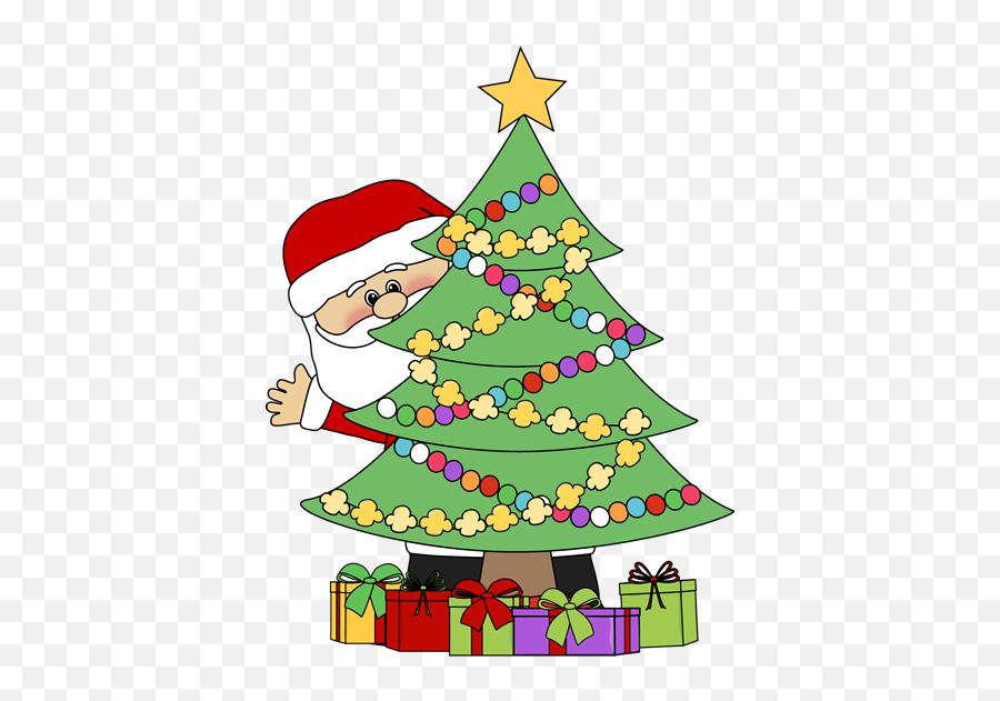 Santa Behind A Christmas Tree Clip Art - Clipart Images Of Christmas Emoji,Christmas Tree Emoji