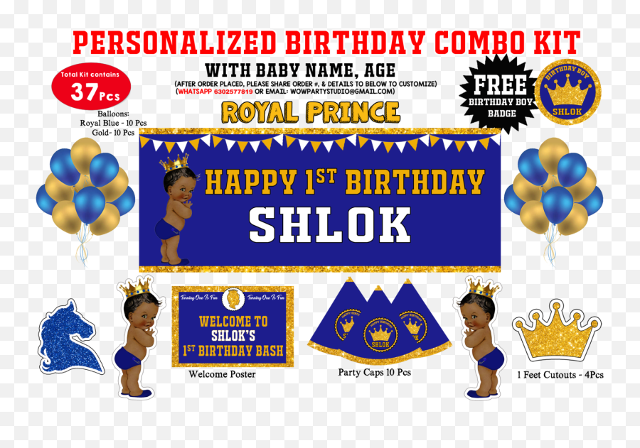 Royal Prince Personalized Theme Birthday Party Combo Kit 37pcs Emoji,Emojis Wparty Hat