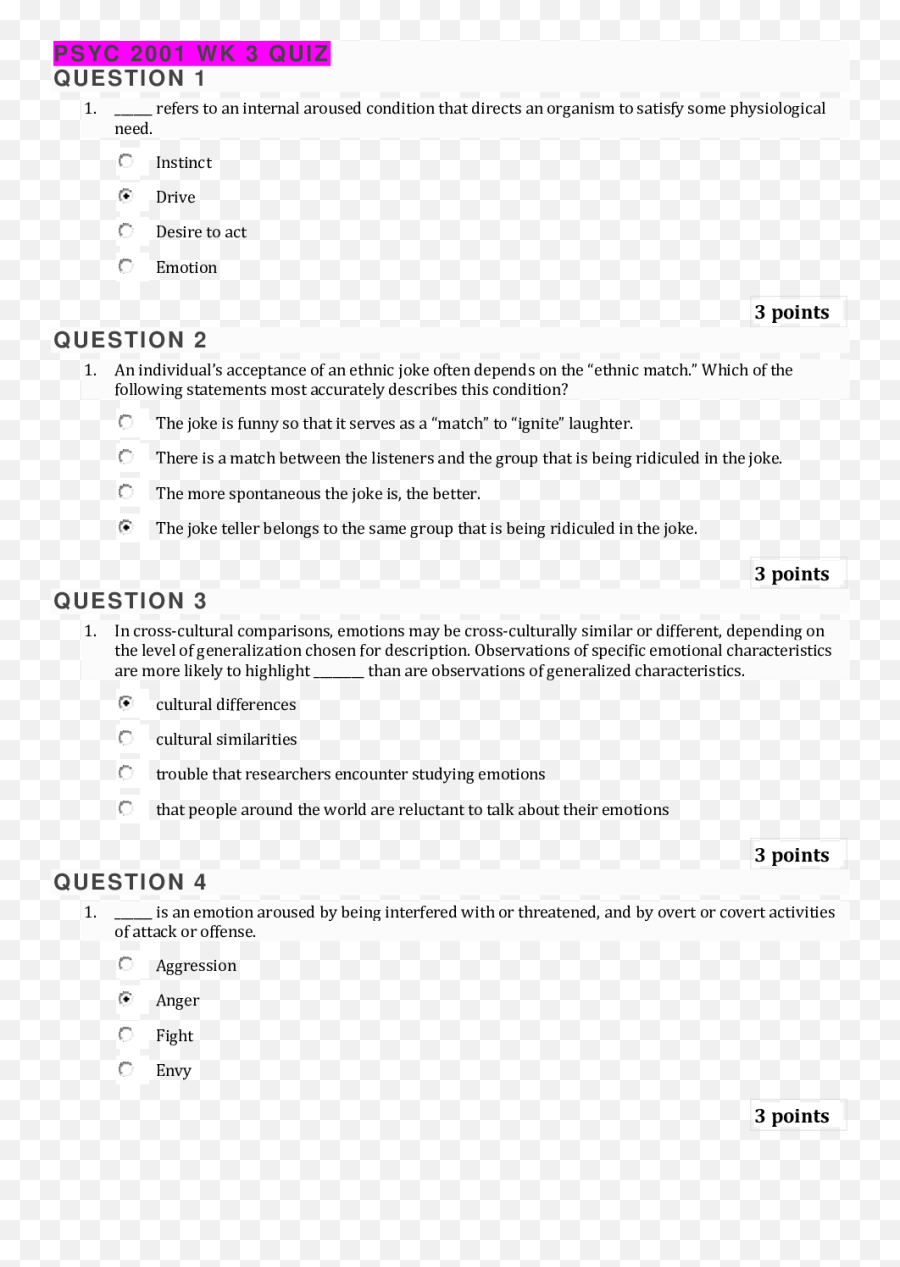 Psyc 2001 Week 3 Quiz Updated 2021 With - Document Emoji,Faebook Emotions Quiz