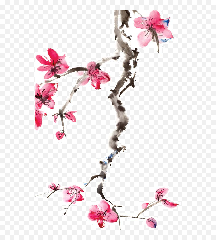 Japan Cherry Blossom Ink Wash Painting - Japan Png Download Plum Blossom White Background Emoji,Emoticons Cherry Blossom Black And White