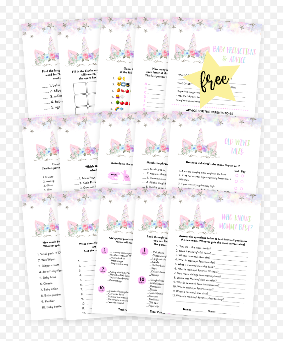 Silver Floral Unicorn Baby Shower Game Pack - Horizontal Emoji,Unicorn Emoji Onesie