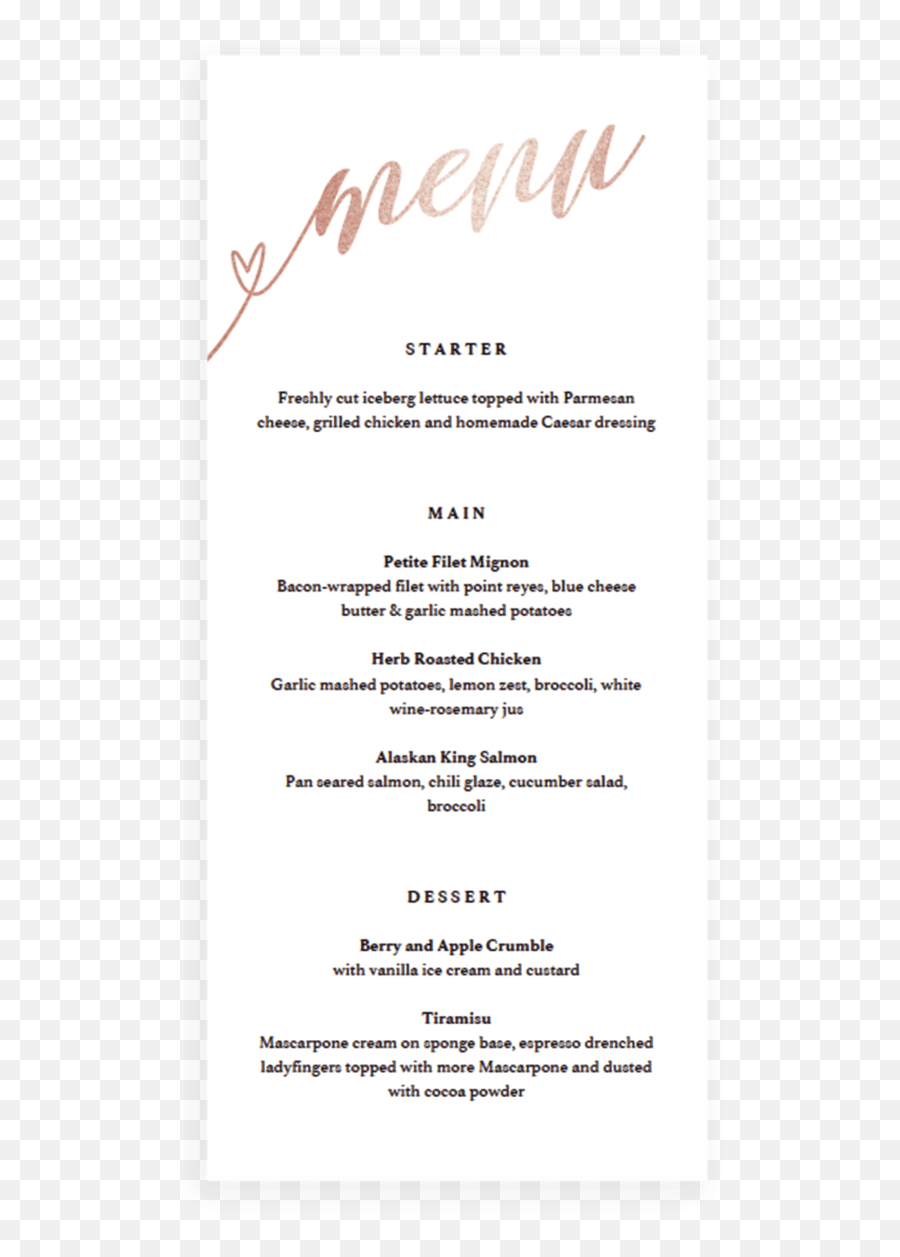 Rose Gold Dinner Party Menu Cards Template - Fl1 Horizontal Emoji,Dinner Card Emoji