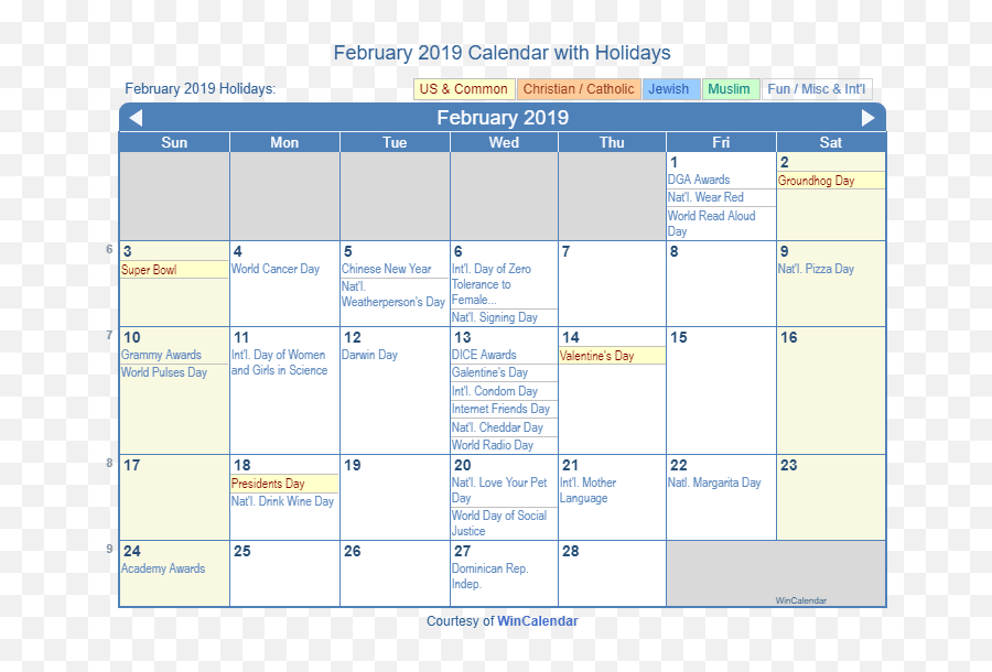 February 2019 Calendar With Holidays - United States December 2020 Calendar Holidays Emoji,Pie Day Emoji