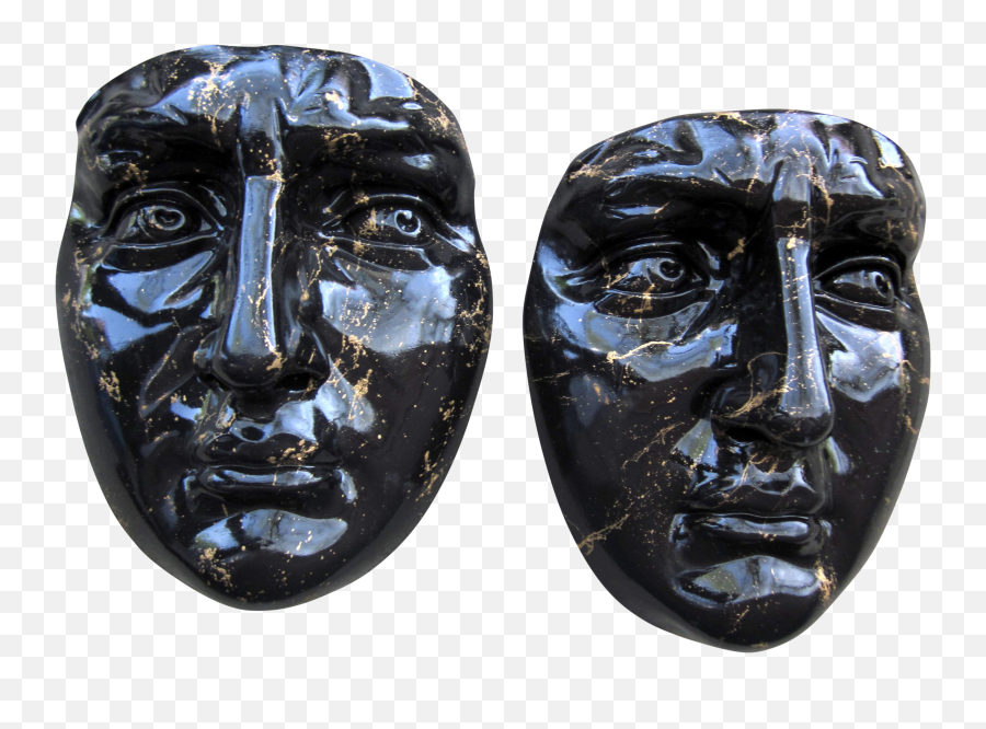 Late 20th Century Black And Gold Splatter Paint Plaster Face Mask Wall Sculptures - A Pair Fornasetti Style For Adult Emoji,Emotion Masks For Sale