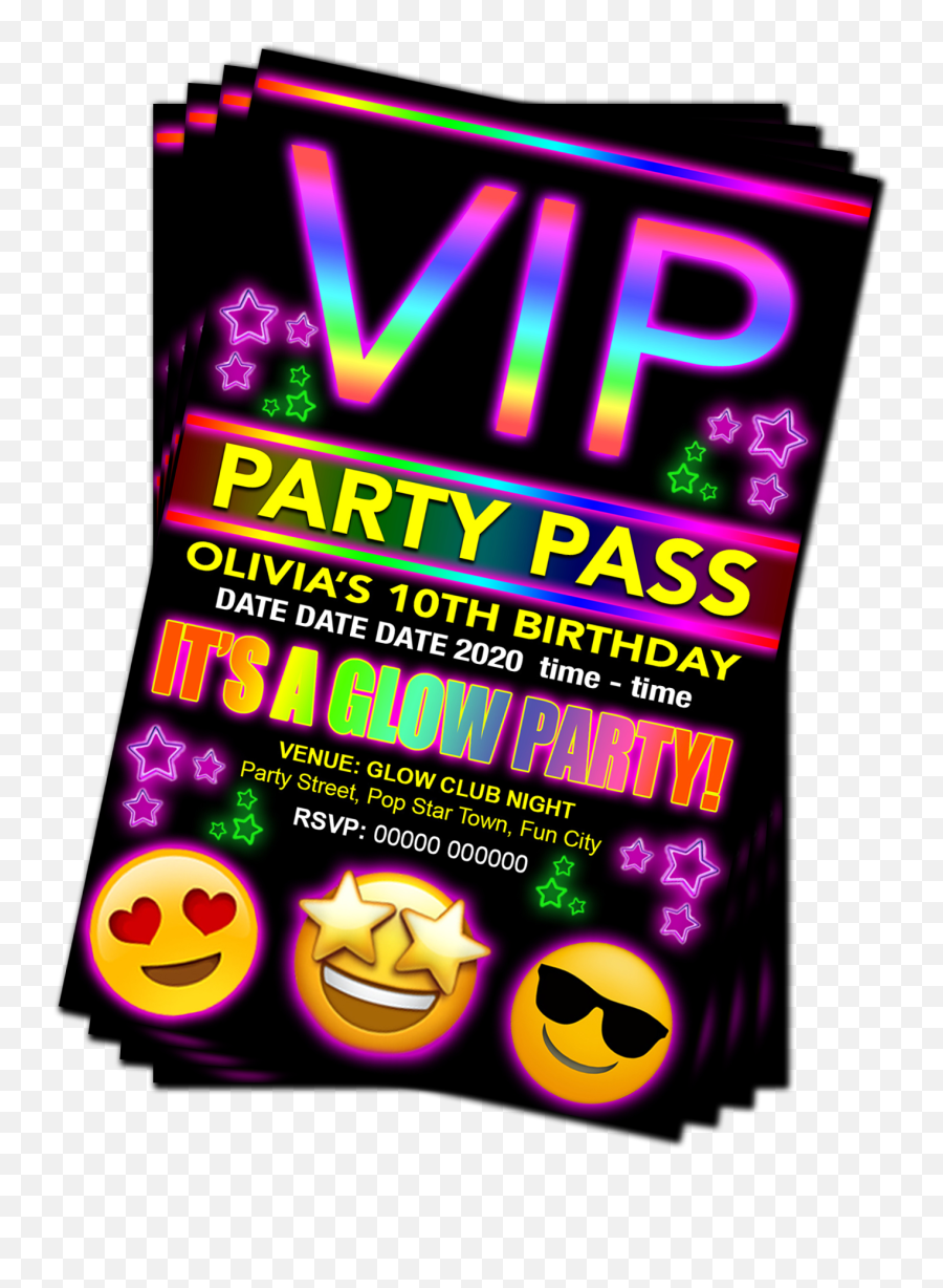 Glow Neon Birthday Party Invitation - Happy Emoji,Party Time Emoji