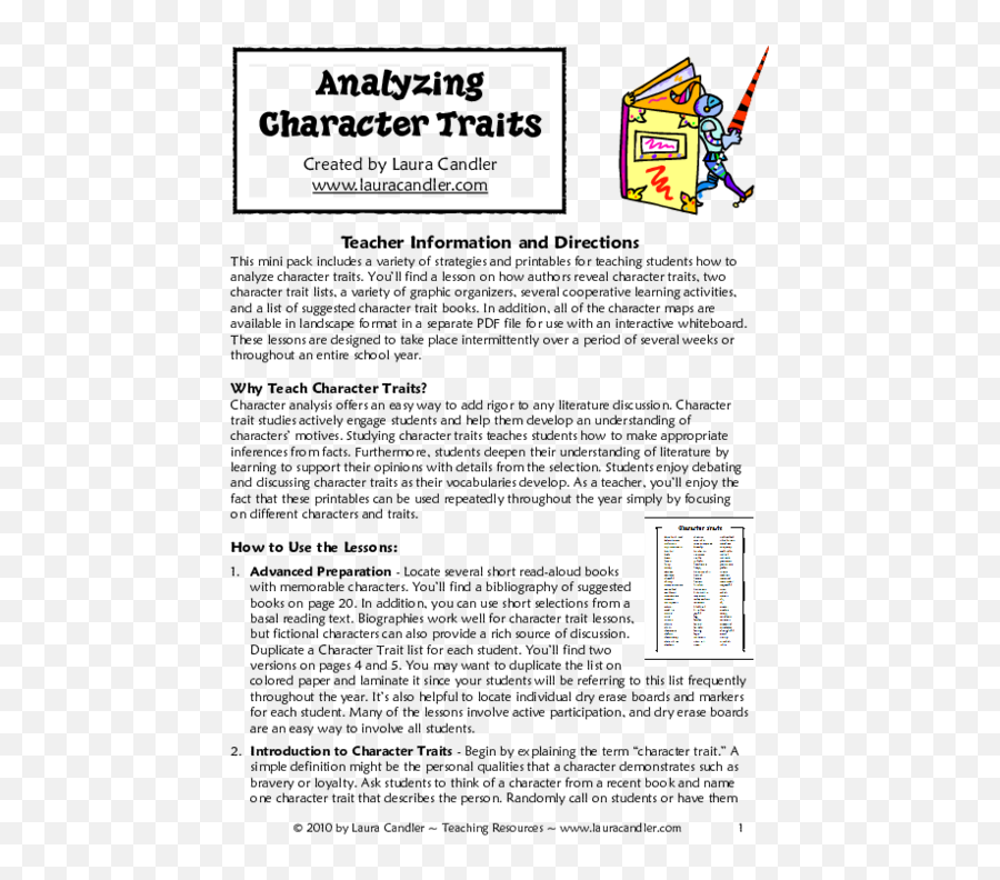 Pdf Teacher Information And Directions Why Teach Character - Battle Of The Books Emoji,Character Traits Vs Emotions