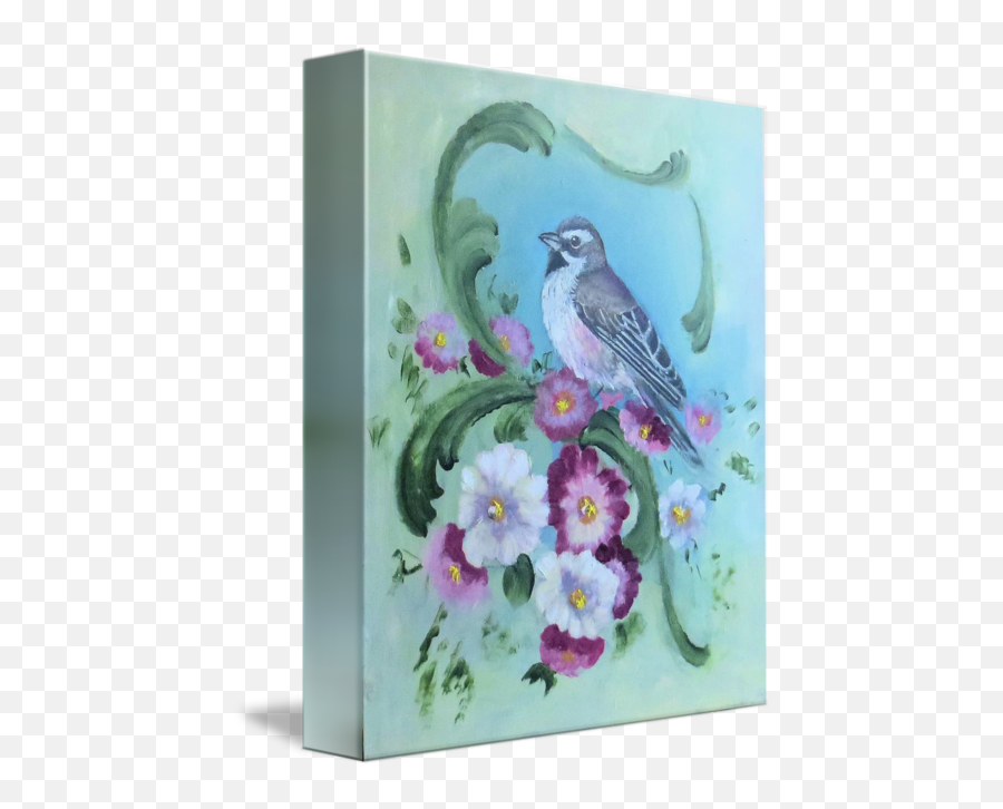 Bird Painting Of Sparrow With Flowers And Scrolls By Velvet Emoji,Blue Emotion Tile