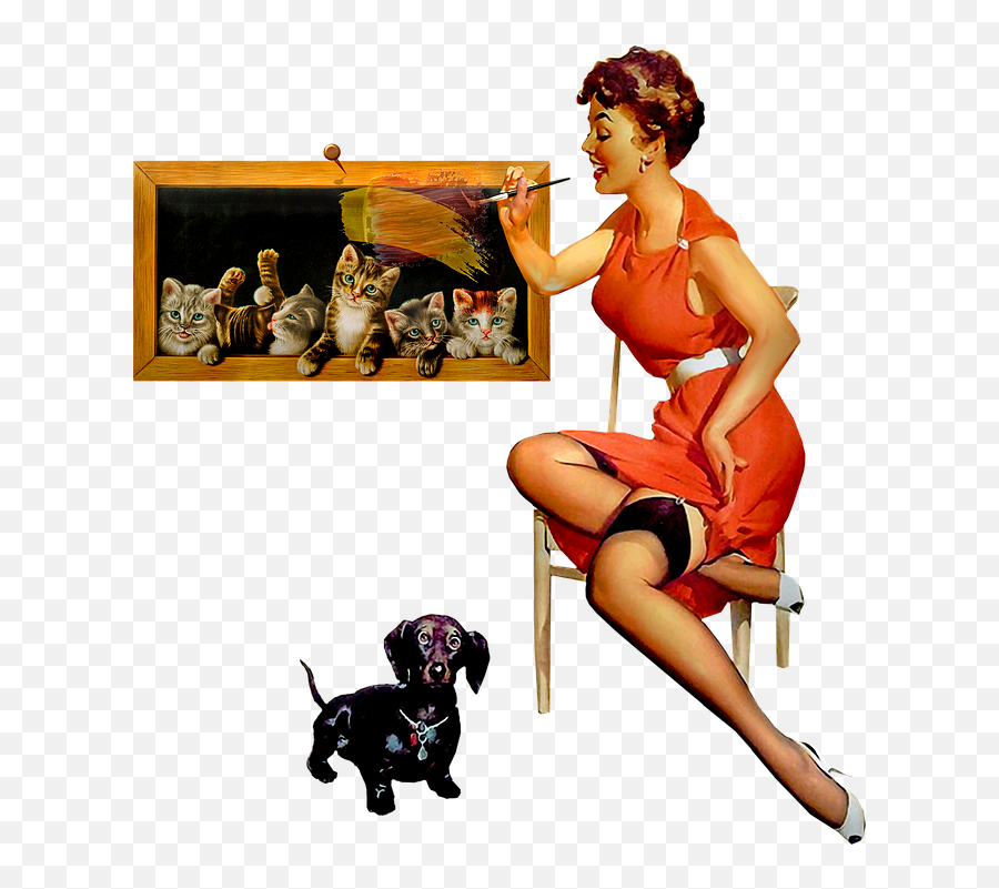 Pin Up Woman Dogs Retro Cats - Gil Elvgren Neat Trick Emoji,Dogs And Cats Emotions