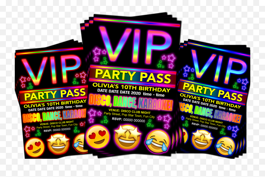Disco Dance Karaoke Party Invitation Vip Pass Emoji Red Pink Or Blue Grandwazoodesign - Gate Pass For Birthday Party,Dance Emoji