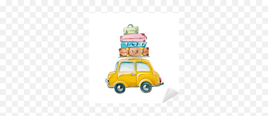 Watercolor Illustration Hand Drawn Yellow Car With Suitcase On The Roof Family Travelling By Car Sticker U2022 Pixers - We Live To Change Moving Announcement Postcard Emoji,Luggage Car Emoticon