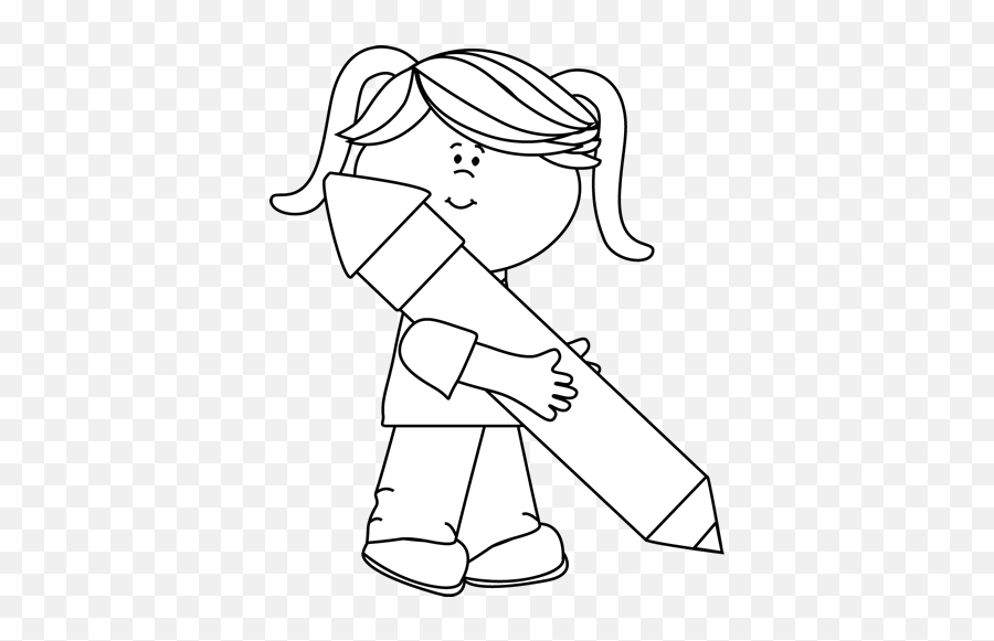 Black And White Girl Holding A Big Pencil Clip Art - Black Have Clipart Black And White Emoji,Girl Emotion Clipart