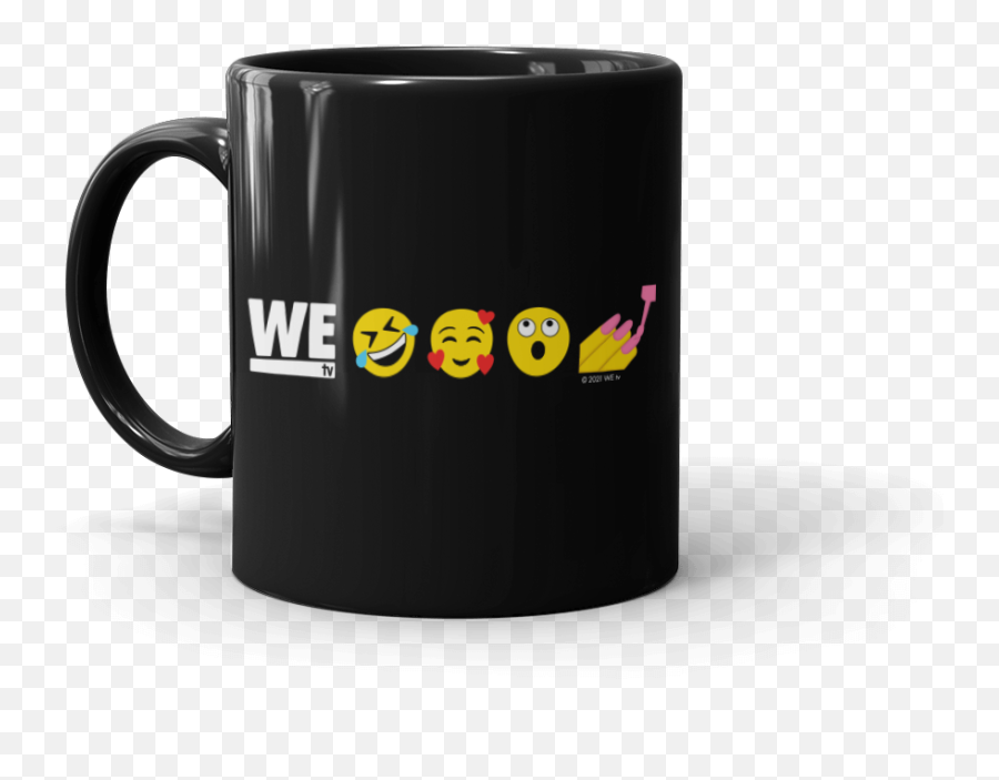 We Tv Emoji Black Mug,>=v Emoticon