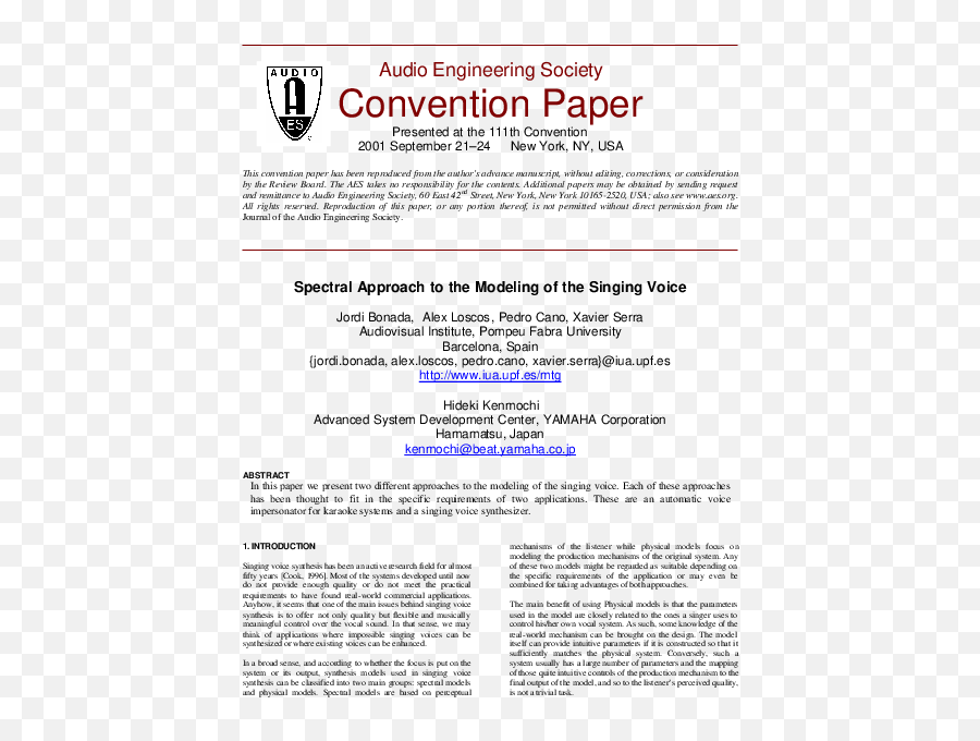 Pdf Spectral Approach To The Modeling Of The Singing Voice - Document Emoji,Mtg Emotion Affecting Artifact