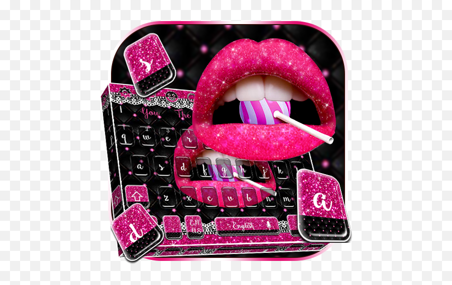 Glitter Pink Lips Keyboard Theme - Girly Emoji,Lollipop And Lips Emoji