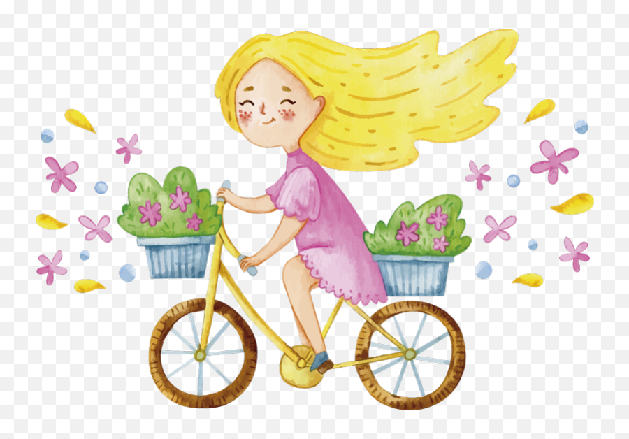 Spring Flower Bike Illustration Wall Art - Niña Con Una Bicicleta Emoji,Baby Hold My Flower Emoticon