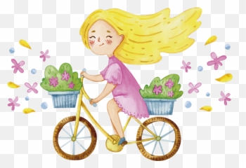 Spring Flower Bike Illustration Wall Art - Niña Con Una Bicicleta Emoji,Baby Hold My Flower Emoticon