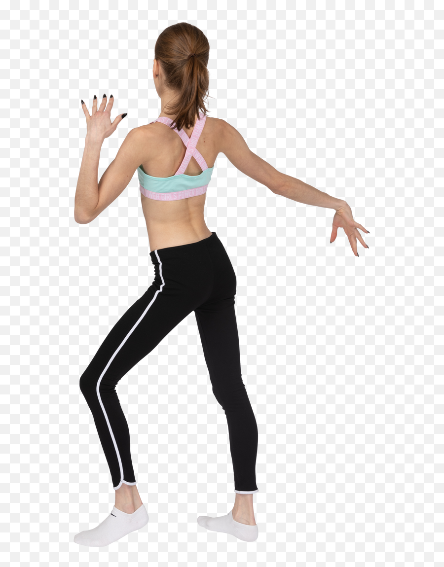 Back View Of A Teen Girl In Sportswear Raising Hands And Emoji,Emoji Woman Raising Hand