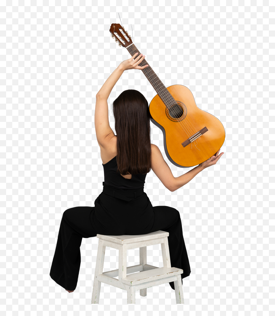 Back View Of A Young Lady In Black Suit Holding The Guitar Emoji,Google Emoji Holding Head