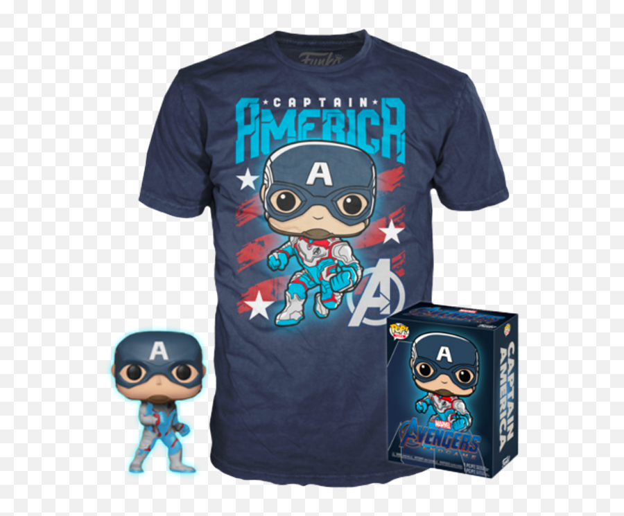 Funko - Avengers 4 Endgame Captain America Glow In The Dark Vinyl Figure U0026 Tshirt Box Set Captain America Funko Shirt Emoji,Captian Marvel No Emotions