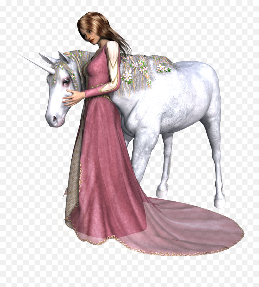 Young Girl In Long Pink Dress And Unicorn Fantasy Digital - Unicorn And Fairy Girl Emoji,Young Emotions Girls