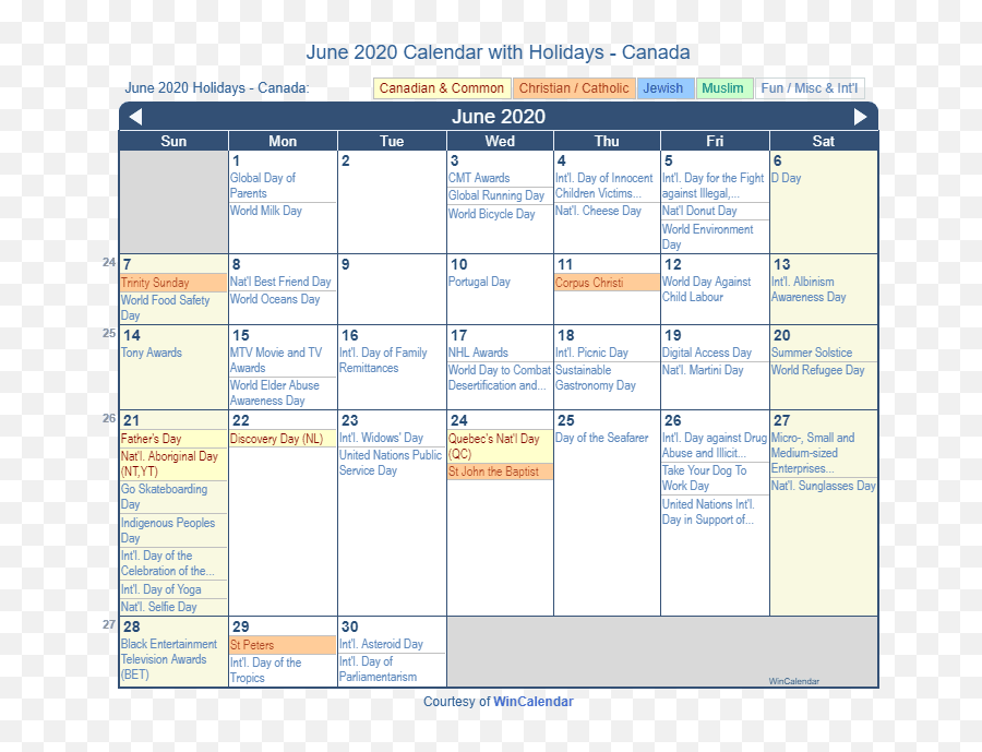 June 2020 Calendar With Holidays - Vertical Emoji,Quebec Flag Emoji