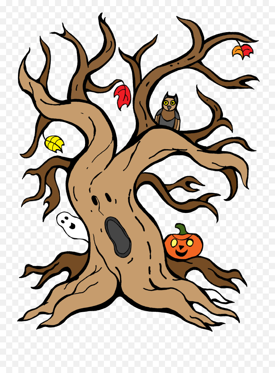 Fun And Spooky Halloween Tree - Cartoon Clipart Full Size Spooky Halloween Tree Clipart Emoji,Halloween Emoticons
