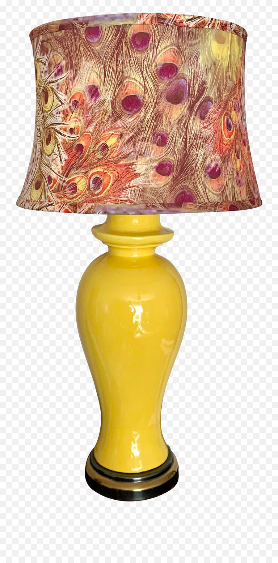 Yellow Vintage Ginger Jar Lamp With Peacock Feather Print Shade - Desk Lamp Emoji,Peacock Feather Ascii Emoticon