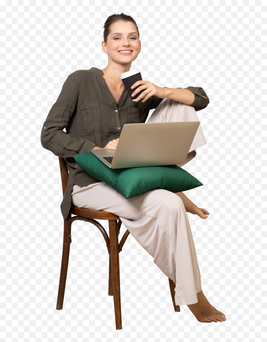 Front View Of A Smiling Young Woman Sitting On A Chair And Emoji,Emoji Woman Raising Hand