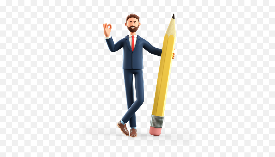 Premium Businessman Holding Big Pencil And Showing Ok Emoji,Meditating Businessman Emoji