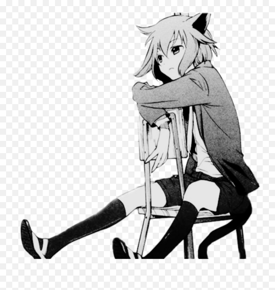 Sad Neko Animegirl Chair Cattail Catears Freetoedit - Neko Neko Black And White Anime Emoji,Anime Girl Can See Emotions As Colors Action