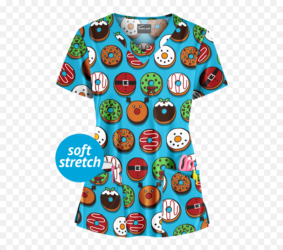 Ua Christmas Donuts Turquoise Rounded V - Neck Print Scrub Top 2x Print Short Sleeve Emoji,Tokidoki Emoticons