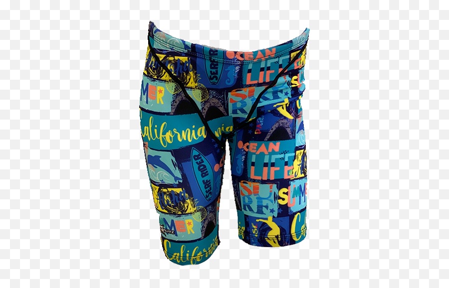 Splitz Jammer Swim Shorts In Blues Aquamarine Orange And Yellow California Theme Text - Bermuda Shorts Emoji,California Flag Emoji