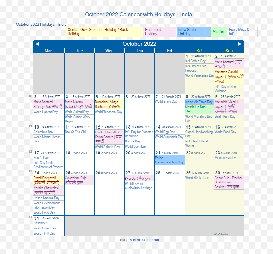 October 2022 Calendar With Holidays - India Emoji,Pi Emoji 128