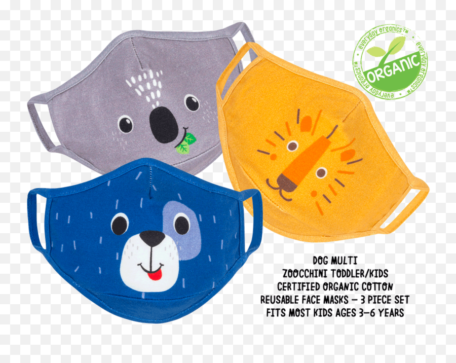Organic Reusable Masks 3pk - Dog Multi Zoocchini Face Masks Emoji,Sloth Face Emoticon